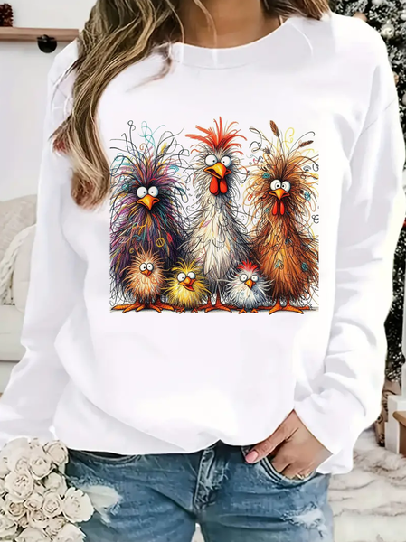 Funny Chicken Cotton Casual Animal Loose Sweatshirt, White, Hoodies&Sweatshirts