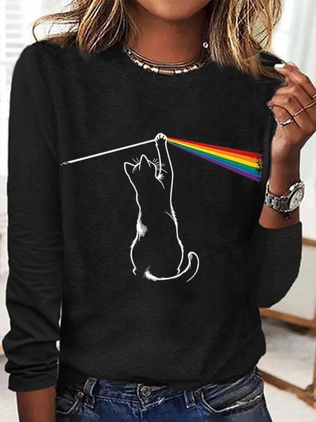 Casual Cat Crew Neck Long Sleeve T-shirt, Black, T-shirts