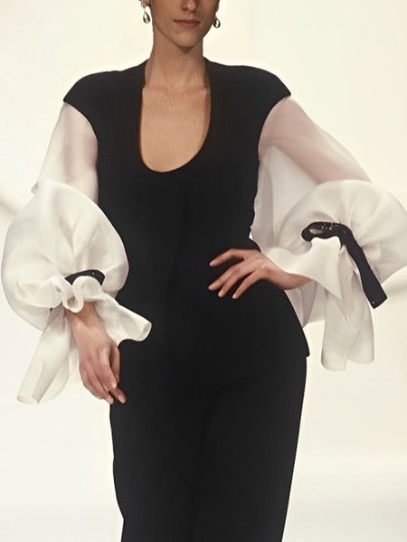 

Urban Regular Fit Color Block Balloon Sleeve Split Joint Blouse, Black-white, Blouses and Shirts