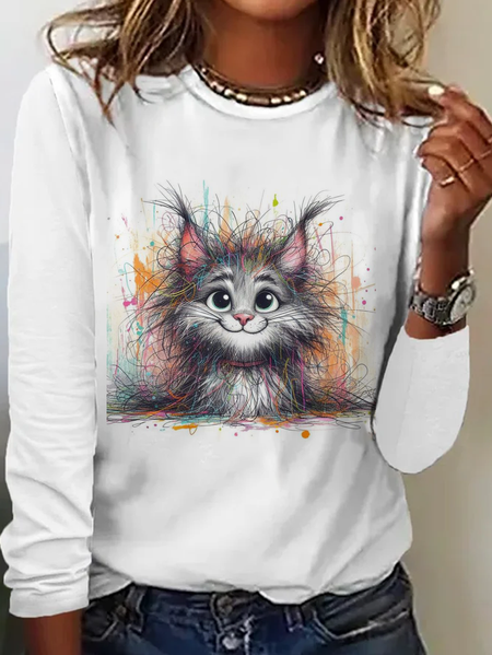 

Casual Cat Crew Neck Long Sleeve T-shirt, White, T-shirts