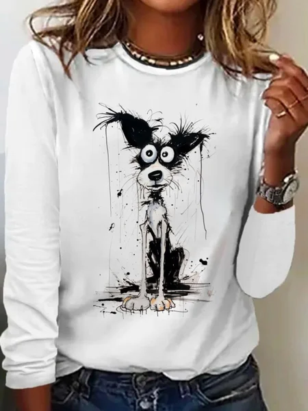 

Women's Long Sleeve Tee T-shirt Spring/Fall Dog Cotton Crew Neck Daily Going Out Casual Top, White, T-Shirts