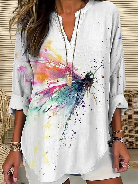 

Notched Long Sleeve Dragonfly Buckle Regular Loose Blouse For Women, White, Blouses