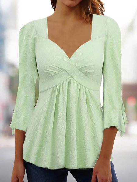 

Women's Three Quarter Sleeve Blouse Spring/Fall Plain Jersey Sweetheart Neckline Daily Going Out Casual Top Lightgreen, Shirts & Blouses