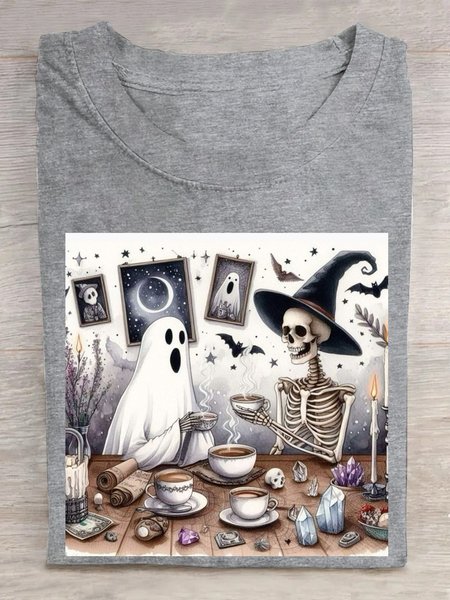 

Casual Halloween Crew Neck Short Sleeve T-shirt, Gray, T-shirts