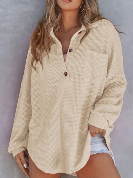 Casual V Neck Plain Sweatshirt Buckle, Apricot, Hoodies & Sweatshirts