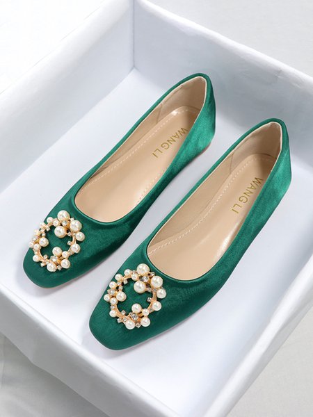 

Elegant Imitation Pearl Rhinestone Buckle Satin Shallow Shoes, Green, Flats
