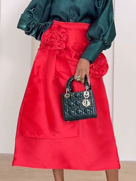 

Plain High Waist Urban 3D Flower Skirt, Red, Skirts