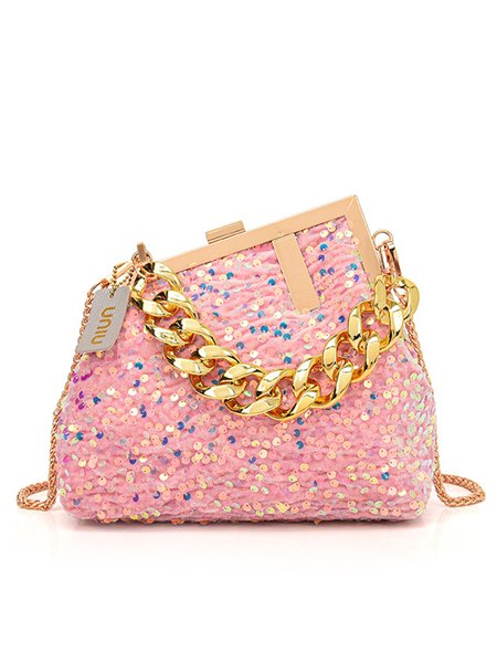 

Glamorous Irregular Sequin Clutch Metal Chain Handbag with Crossbody Strap, Pink, Bags