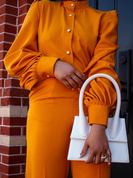 Balloon Sleeve Urban Plain Stand Collar Shirt, Orange, Blouses and Shirts