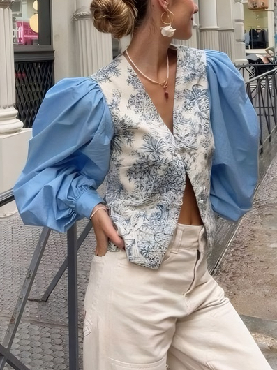 

Floral Printing Cotton Elegant Balloon Sleeve Shirt, Blue, Blouses and Shirts