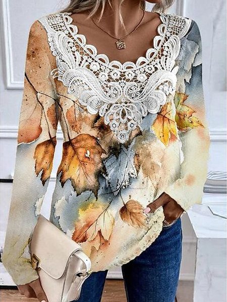 

V Neck Long Sleeve Leaf Lace Regular Loose Blouse For Women, Multicolor, Blouses