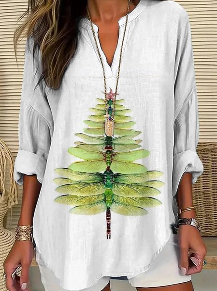 

Notched Long Sleeve Dragonfly Buckle Regular Loose Blouse For Women, White, Blouses