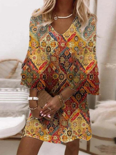 

Women Ethnic V Neck Three Quarter Sleeve Comfy Casual Mini Dress, Multicolor, Dresses