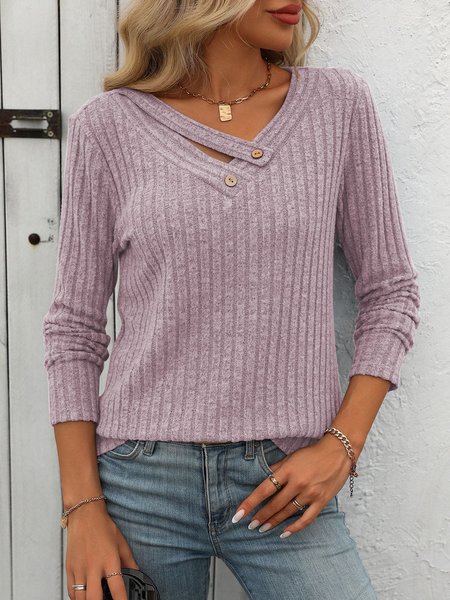 

Women's Long Sleeve Tee T-shirt Spring/Fall Plain Buckle V Neck Daily Going Out Casual Top, Light purple, Long sleeve tops