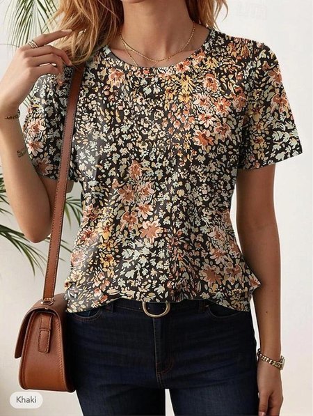 

Women's Short Sleeve Tee T-shirt Summer Floral Jersey Crew Neck Daily Going Out Casual Top Brown, T-Shirts