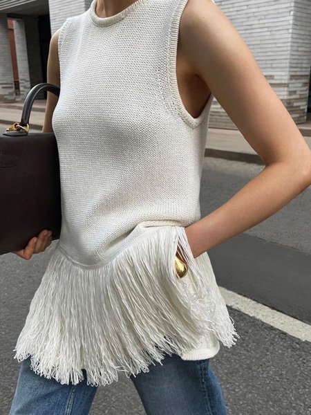 

Crew Neck Plain Loose Urban Tassel Sweater, White, Pullovers