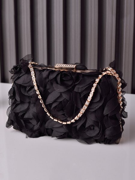 

Elegant Mesh Rose Applique Clutch Bag with Rhinestone Handle, Black, Bags