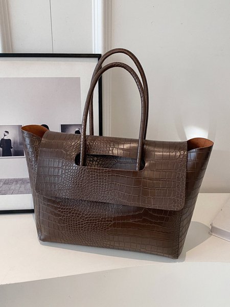 

Crocodile Embossed Flip Cover Shoulder Bag Large Capacity Commuting Tote Bag, Coffee, Bags