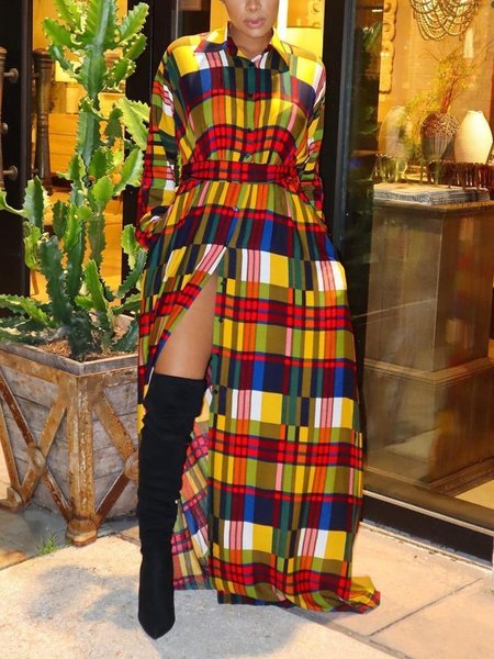 

Urban Long Sleeve Plaid Loose Shirt Collar Shirt Maxi Dress With Belt, As picture, Maxi Dresses