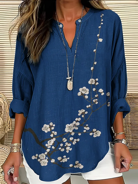 

Notched Long Sleeve Floral Buckle Regular Loose Blouse For Women, Purplish blue, Blouses