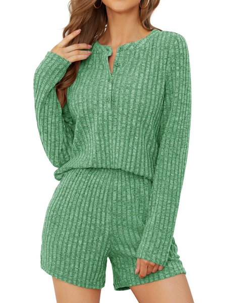 

Women Plain V Neck Long Sleeve Comfy Casual Top With Pants Two-Piece Set, Green, Sets