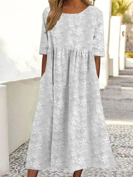 

Women Plain Crew Neck Half Sleeve Comfy Casual Maxi Dress, White, Maxi