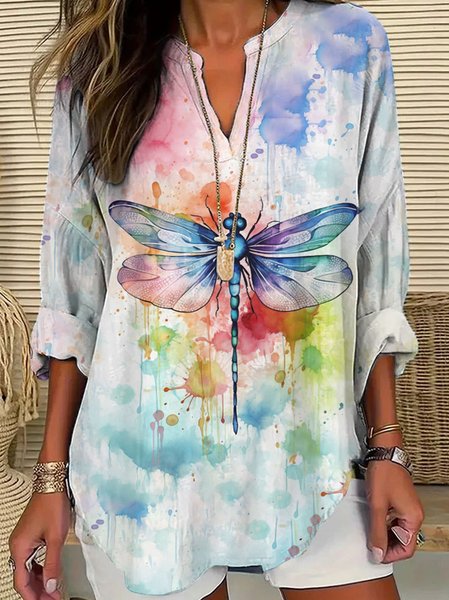 

Notched Long Sleeve Dragonfly Buckle Regular Loose Blouse For Women, Multicolor, Blouses