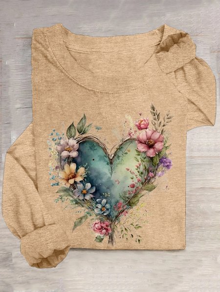 

Floral Casual Loose Crew Neck T-Shirt, Khaki, Long sleeves