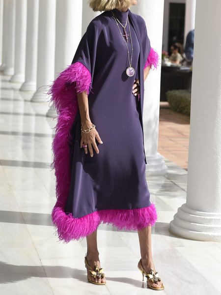 

Plain Elegant Loose Raglan Sleeves Feather-Trimmed Dress, Deep purple, Maxi Dresses