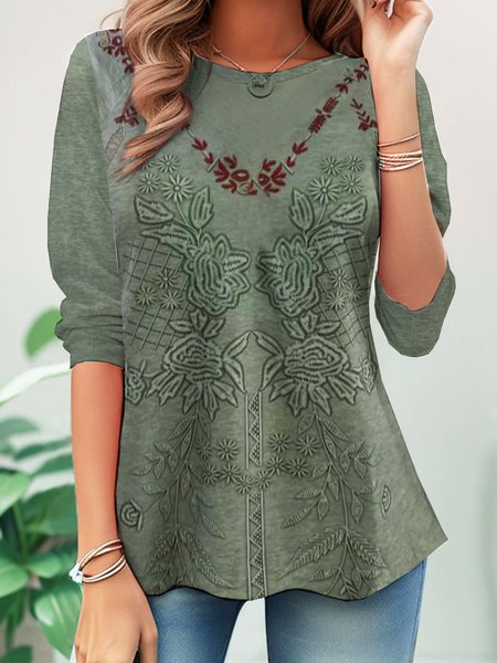 

Casual Floral Crew Neck Long Sleeve T-shirt, Darkgreen, T-shirts