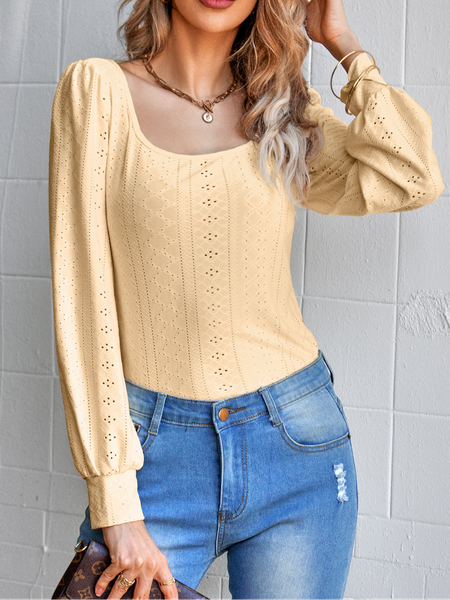 

Crew Neck Long Sleeve Plain Regular Loose Blouse For Women, Yellow, Blouses