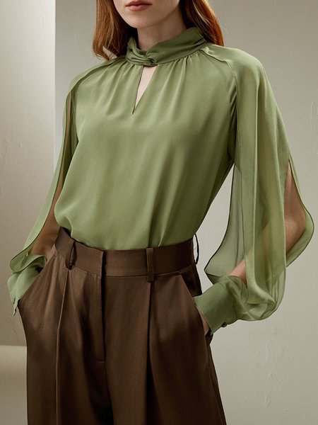 

Elegant Plain Regular Fit Slit Sleeve Blouse, Green, Blouses and Shirts