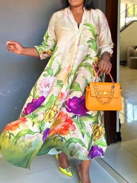 

Floral Pocket Stitching Regular Sleeve Elegant Shirt Dress, As picture, Maxi Dresses