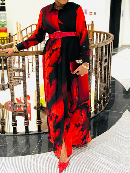 

Regular Sleeve Shirt Collar Long Sleeve Urban Loose Shirt Maxi Dress With Belt, As picture, Maxi Dresses