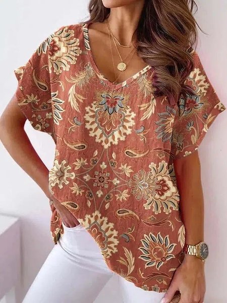 

Women's Short Sleeve Blouse Summer Ethnic V Neck Daily Going Out Casual Top Red Brown, Shirts & Blouses