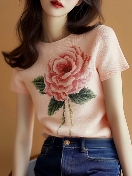 Daily Floral Crew Neck Short Sleeve Sweater, Pink, Pullovers