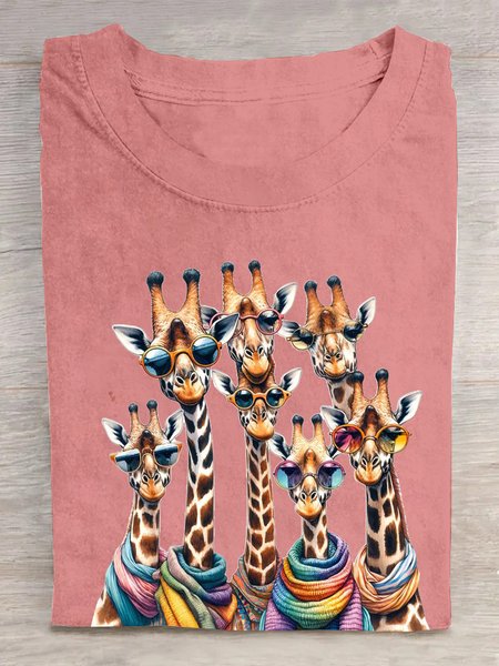 

Casual Animal Crew Neck Short Sleeve T-shirt, Orange pink, T-shirts