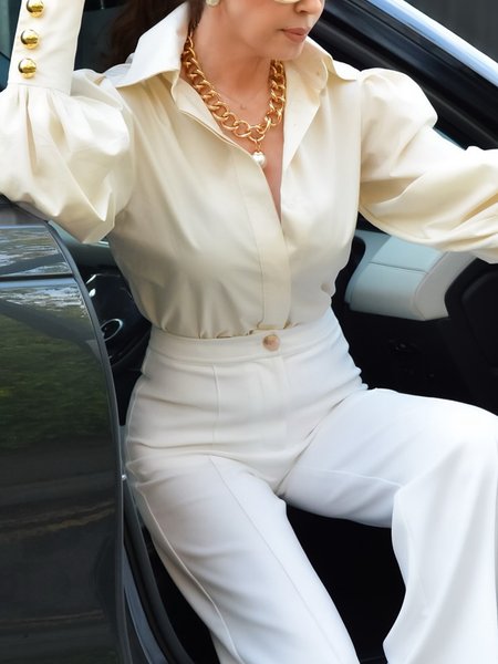 

Regular Fit Plain Buttoned Elegant Balloon Sleeve Shirt, Apricot, Blouses and Shirts