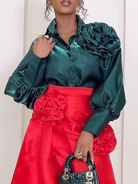 

Plain Shirt Collar Urban Balloon Sleeve 3D Flower Shirt, Green, Blouses and Shirts