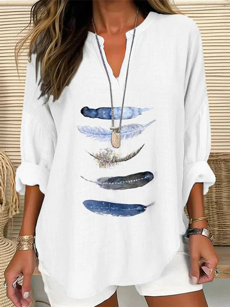 

Notched Long Sleeve Feather Regular Loose Blouse For Women, White, Blouses