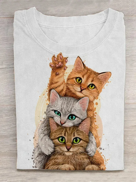 

Casual Cat Crew Neck Long Sleeve T-shirt, White, T-shirts