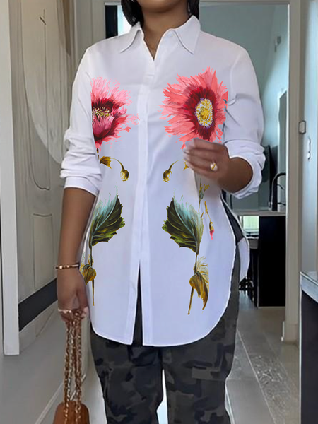 

Regular Fit Printing Floral Regular Sleeve Long Sleeve Urban Shirt, White, Blouses and Shirts