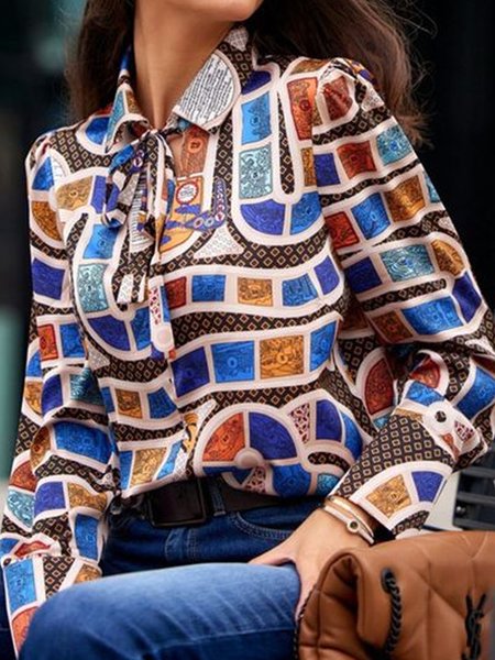 

Abstract Graphic Urban Shawl Collar Loose Blouse, As picture, Blouses and Shirts