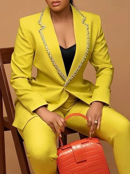 

Plain Regular Fit Elegant Regular Sleeve Shawl Collar Blazer, Yellow, Blazers