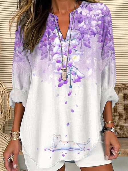 

Notched Long Sleeve Floral Buckle Regular Loose Blouse For Women, Purple, Blouses