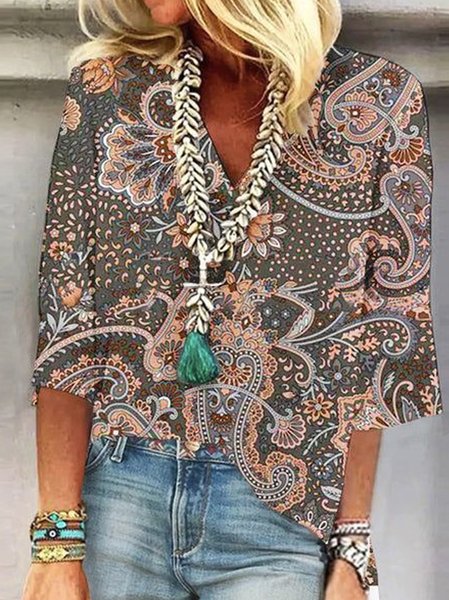 

V Neck Long Sleeve Ethnic Lace Regular Loose Blouse For Women, Brown, Blouses