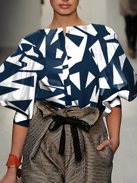 

Geometric Balloon Sleeve Loose Urban Others Shirt, White-blue, Blouses and Shirts