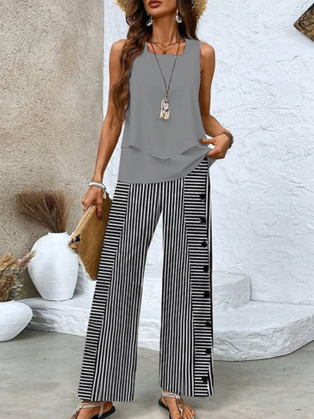 

Women's Buckle Striped Daily Going Out Two Piece Set Sleeveless Casual Summer Top With Pants Matching Set Black, Jumpsuits＆Rompers