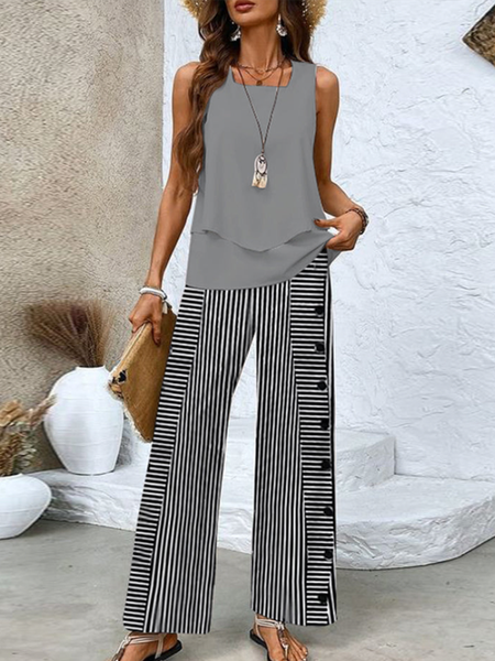 Grey Square Neck Striped Two Piece Set