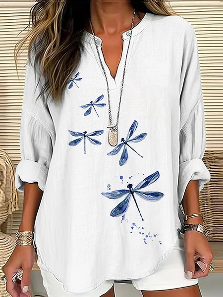 

Notched Long Sleeve Dragonfly Buckle Regular Loose Blouse For Women, Blue, Blouses